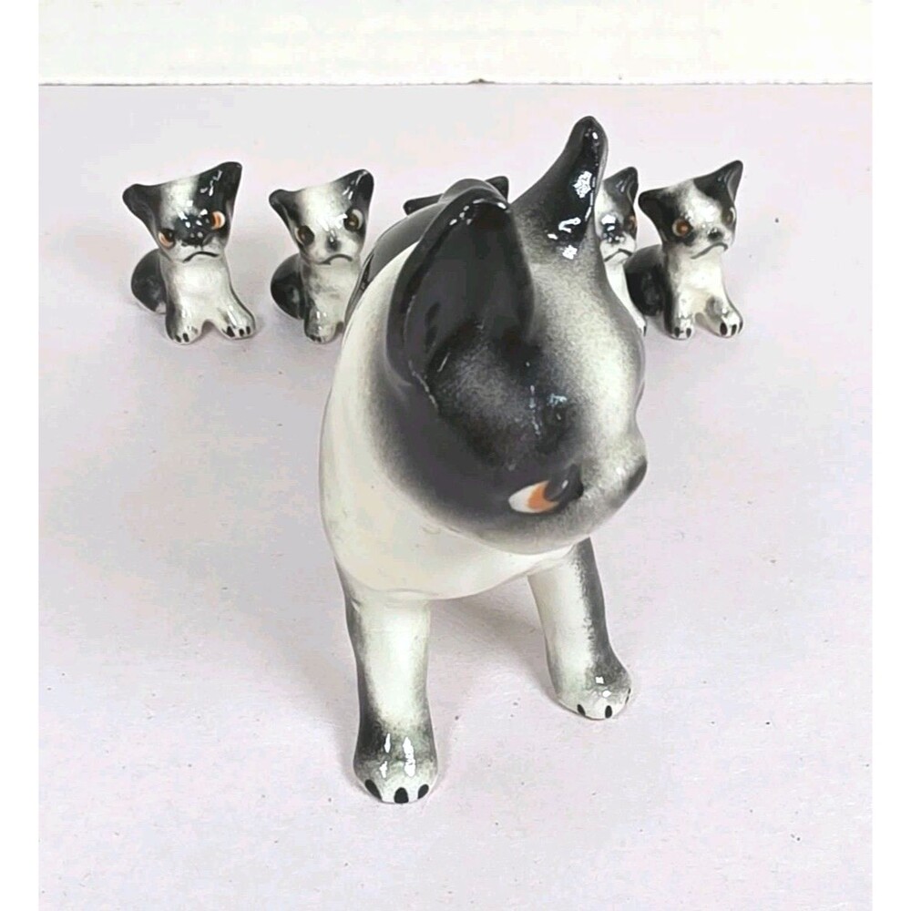 Vintage Figurines 1950's Porcelain Boston Terrier With 5 Puppies Japan - Picture 2 of 8